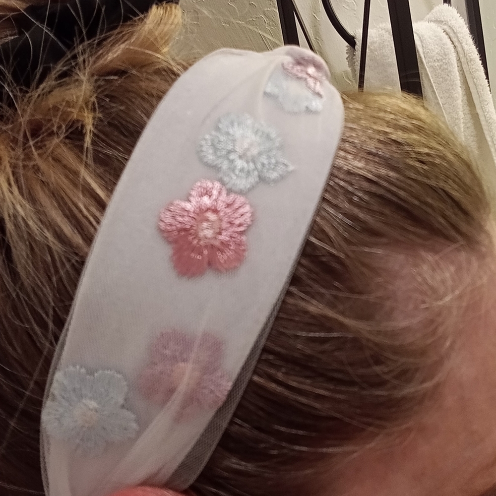 Boutique White Floral Embroidered Wide Headband | Knotted Tulle Over Flowers